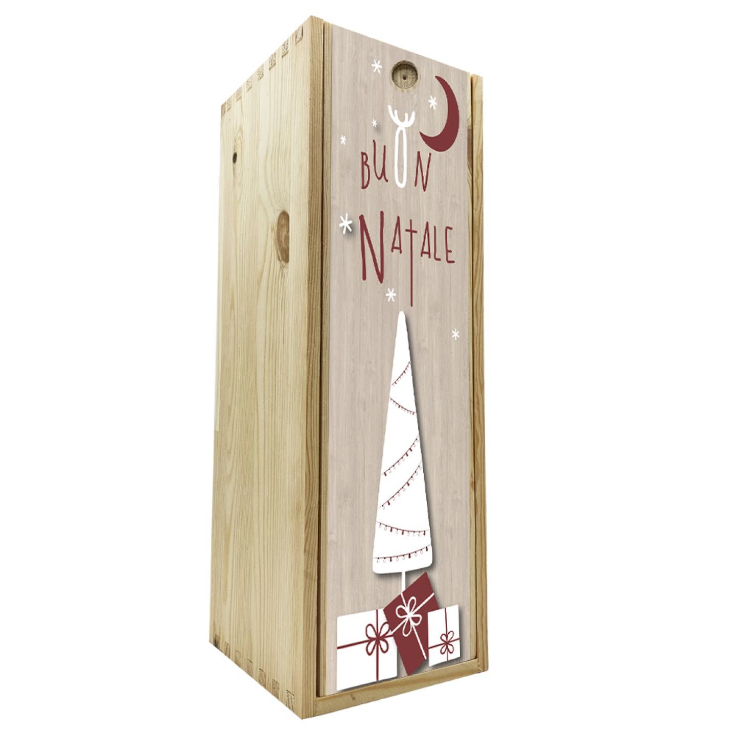 Scatola in legno 1 bottiglia 0,75 L - Buon Natale, albero e regali - 1