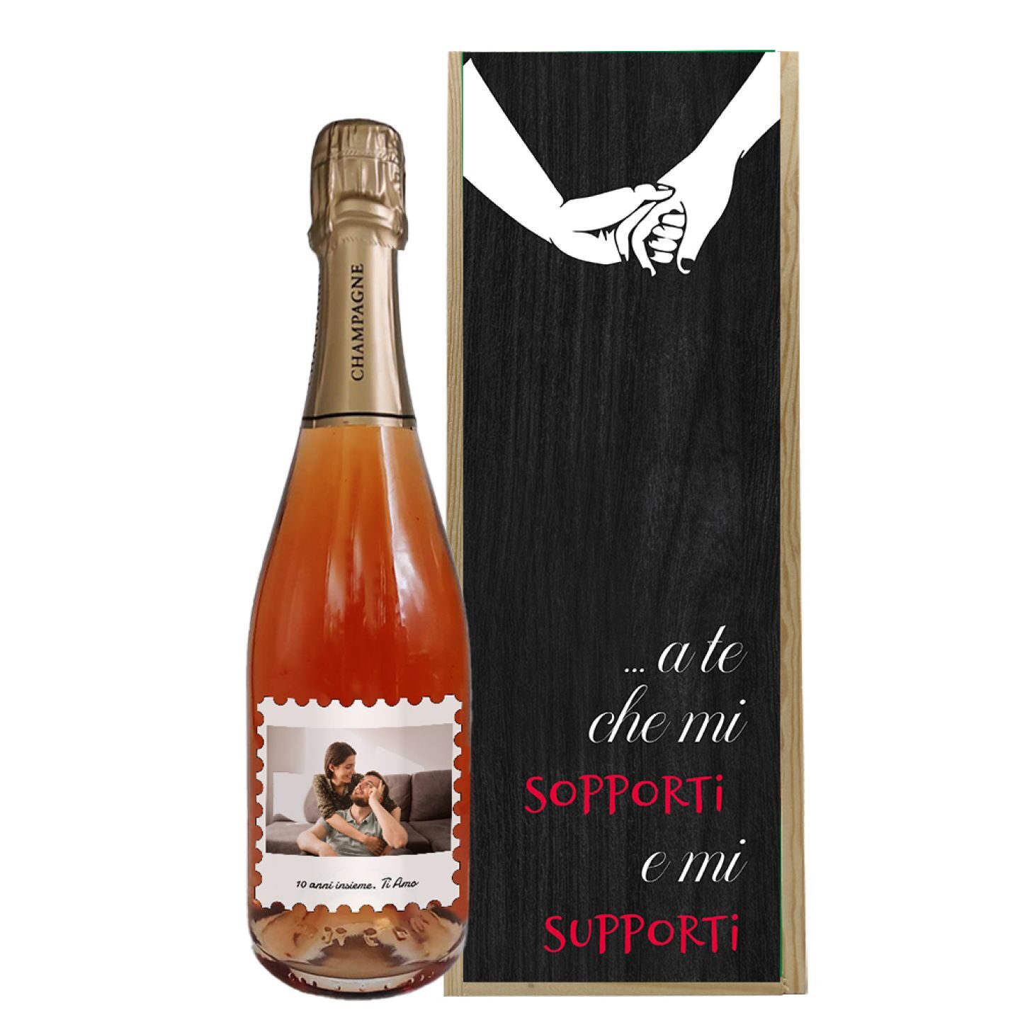 Champagne Rosé personalizzato con cassetta in legno - Idea regalo per anniversario di matrimonio o di fidanzamento - 1
