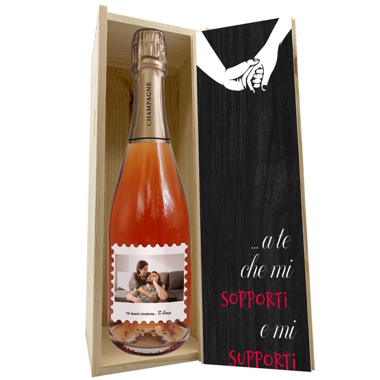 Champagne Rosé personalizzato con cassetta in legno - Idea regalo per anniversario di matrimonio o di fidanzamento - 4