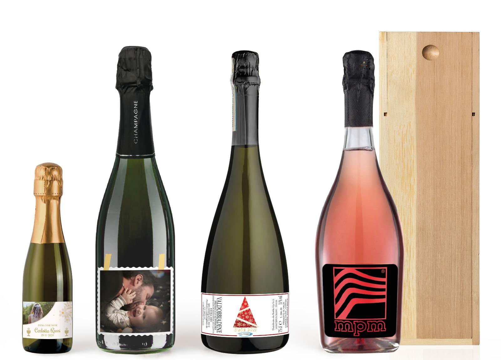 Quattro bottiglie di prosecco personalizzato in varie misure e tipologie