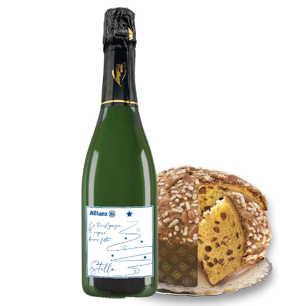 Bottiglia di spumante personalizzato con panettone