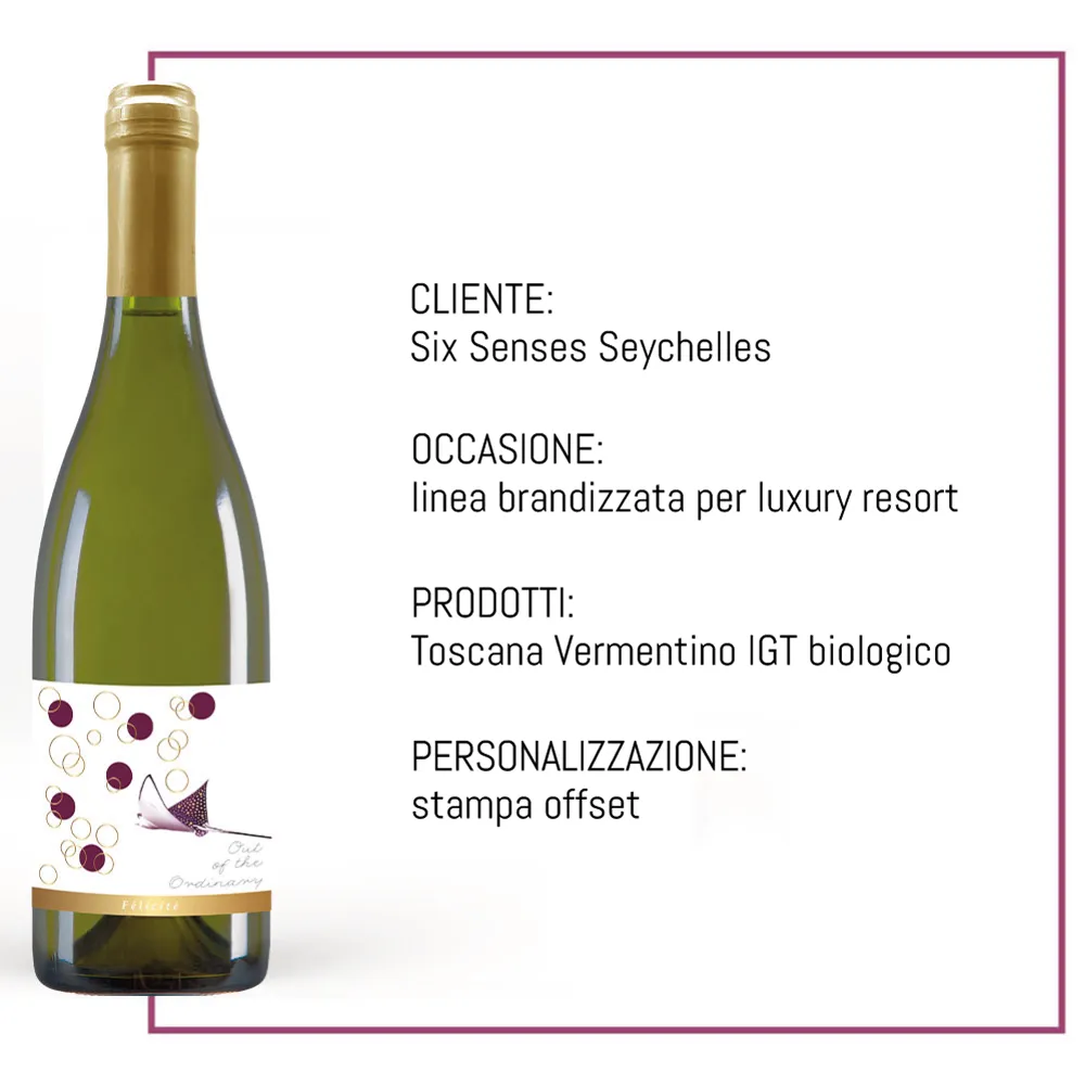 Bottiglia di vino Six Senses Seychelles con etichetta personalizzata