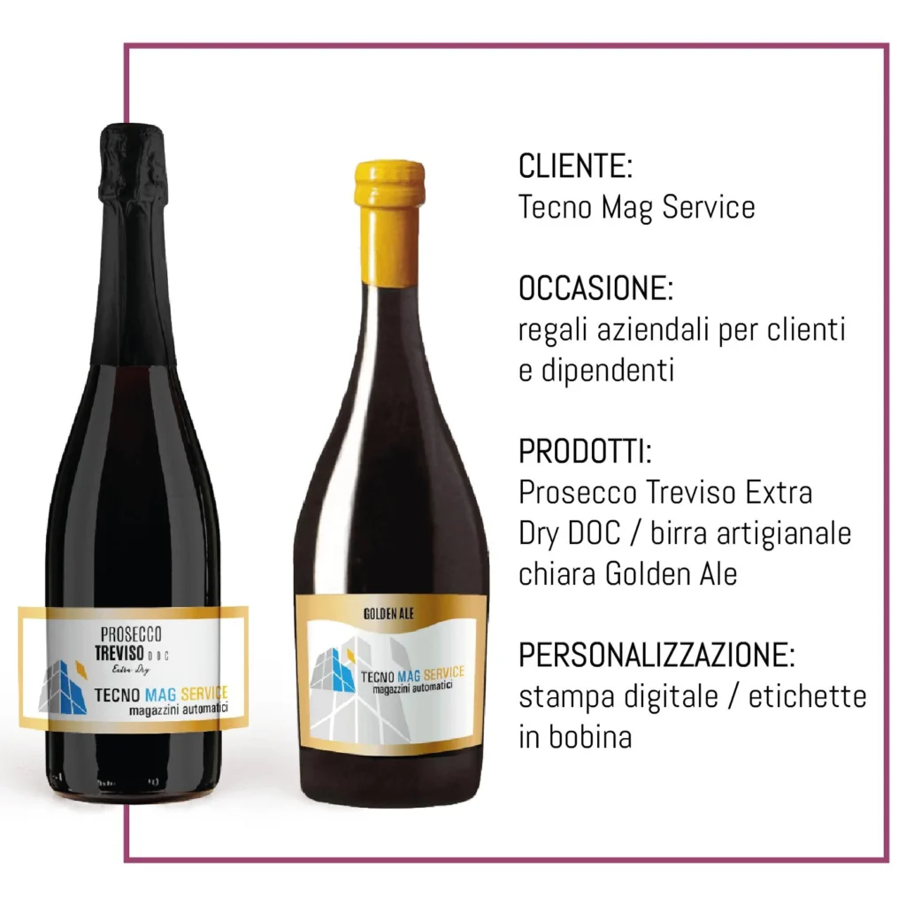 Bottiglie di prosecco e birra Tecno Mag Service con etichetta personalizzata